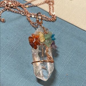 Large crystal with tree of life gemstone wrapped in copper on copper necklace